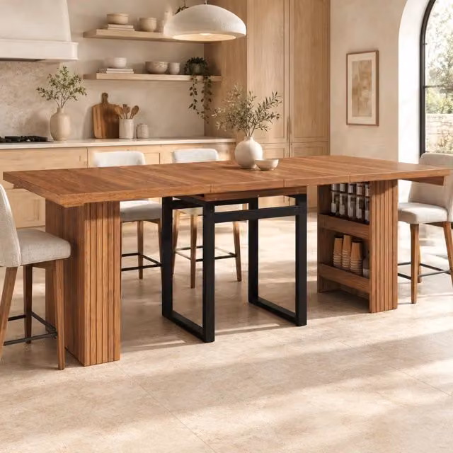 Tavolo da pranzo estendibile 120-160-200 x 80 x 78 cm in MDF e metallo; marrone scuro