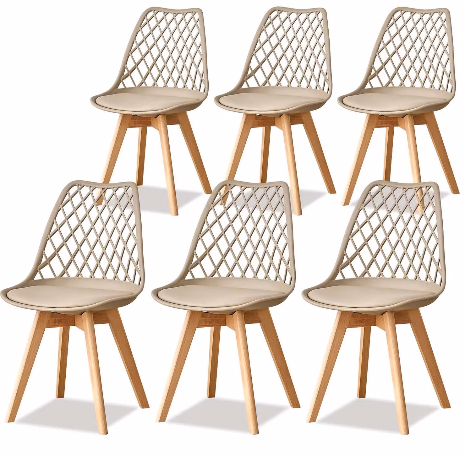 Set di 6 sedie da pranzo in stile nordico - Set di sedie - Seduta in plastica - Design moderno minimalista - Gambe in legno - Adatte per sala da pranzo e cucina - Colore beige