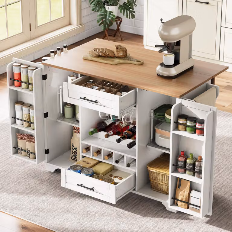 Carrello da cucina Fortuna Lai con piano di lavoro ribaltabile, isola da cucina su ruote con portabottiglie, portabicchieri, portaspezie e portasciugamani, 120x45/70x92 cm, bianco – Carrello multifunzionale con spazio di stivaggio