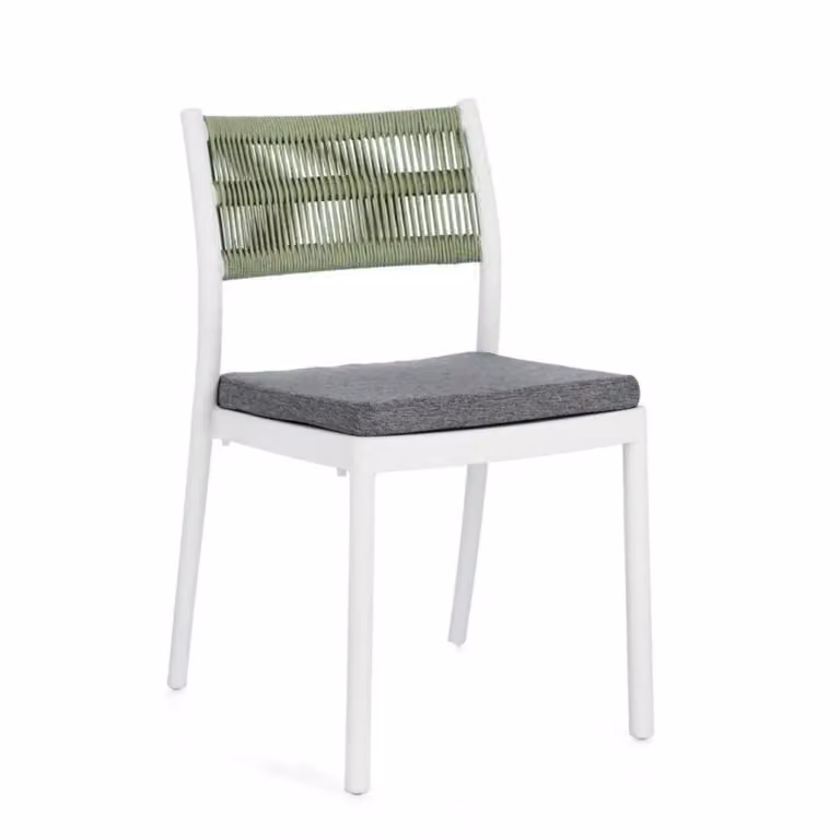 Set di 4 sedie ALVIN in polipropilene bianco e corda intrecciata verde, impilabili