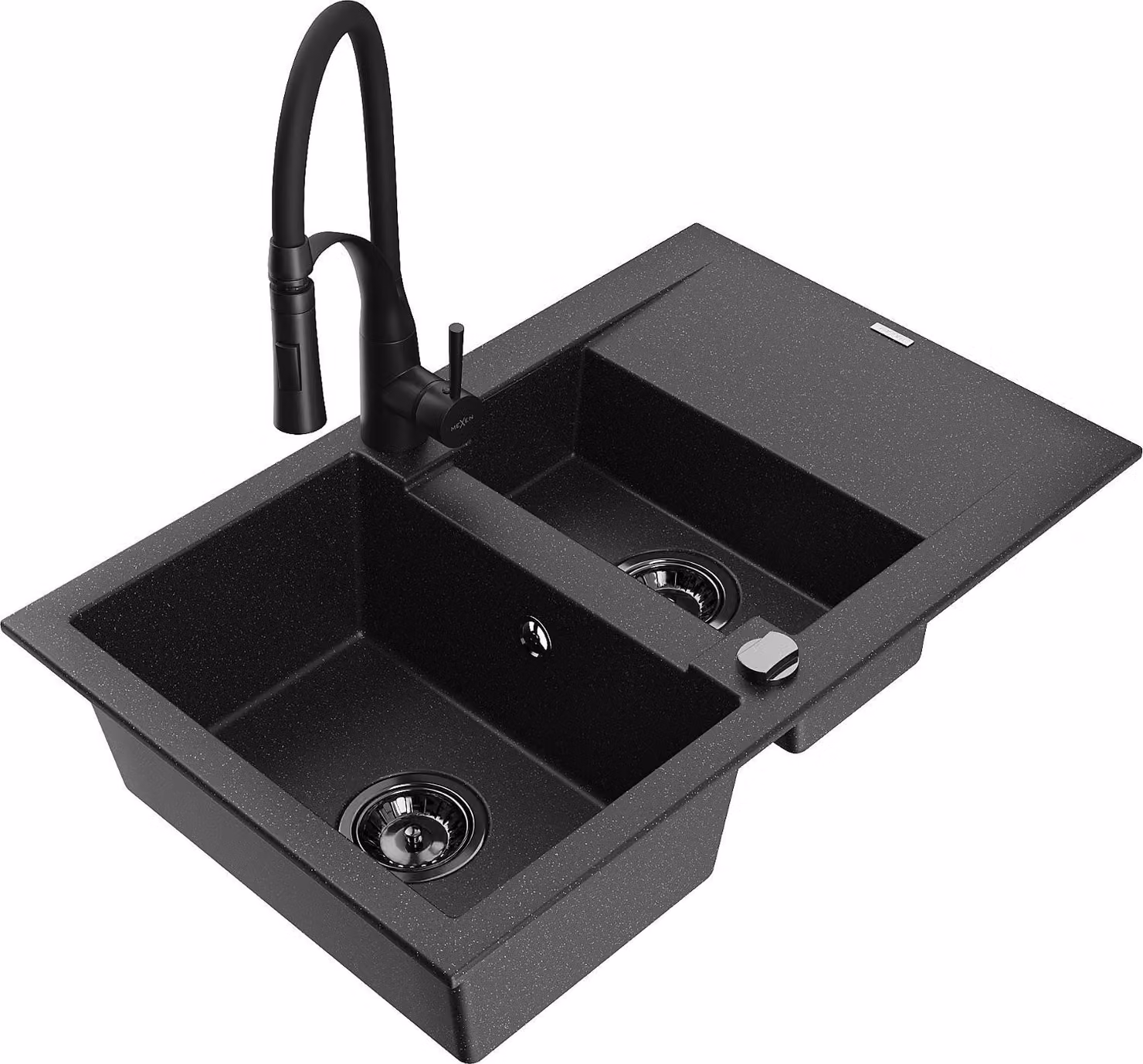 Mexen Gaspar lavello in granito a 1,5 vasca con gocciolatoio e miscelatore da cucina Aster, nero/argento - 6507-73-73450-70-B