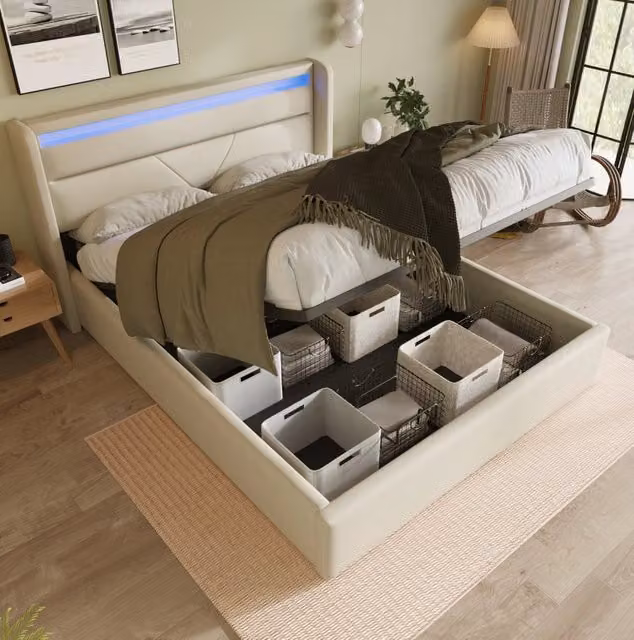 Letto matrimoniale contenitore 160x200 cm in PU bianco con LED e telecomando HAVRYA