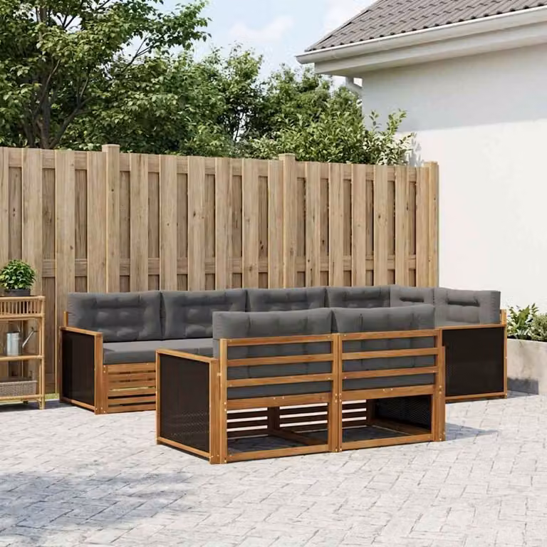 vidaXL Set di divani da esterno a L in legno di acacia con cuscini, 7 pezzi, Beige e Antracite
