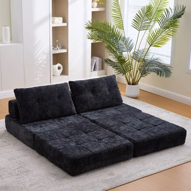 Divano letto pieghevole OKWISH con schienale imbottito e cuscini cervicale e lombare, salvaspazio per soggiorno e camera da letto, ciniglia nera