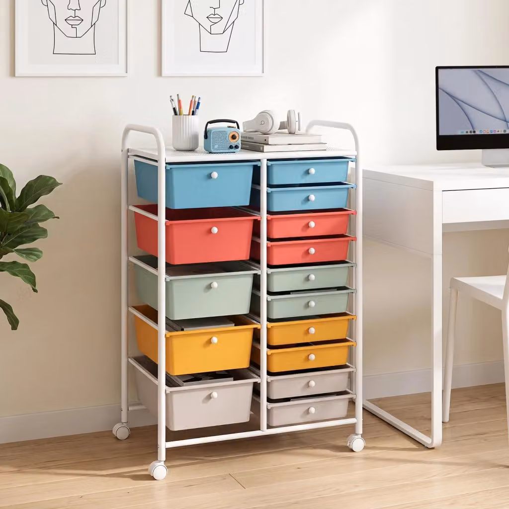 Carrello portaoggetti Macaron con 15 cassetti e ruote bloccabili, cassettiera salvaspazio multicolore in plastica e metallo per casa e ufficio – 2