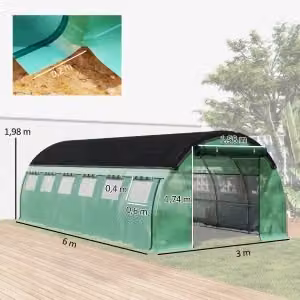 Serra a tunnel REDOM con telaio in acciaio zincato, rete ombreggiante verde, porta avvolgibile e copertura in plastica, L: 600 cm, P: 198 cm – 2