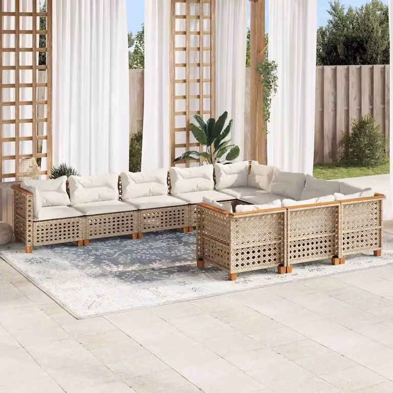 Set Divano da Giardino vidaXL 10 pz in Polyrattan con Cuscini Beige e Struttura in Legno di Acacia