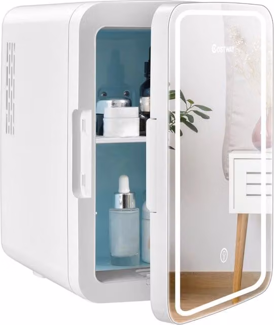 Mini frigo portatile da 10 L con specchio e LED, frigorifero compatto termostatico AC/DC per auto e casa, Bianco