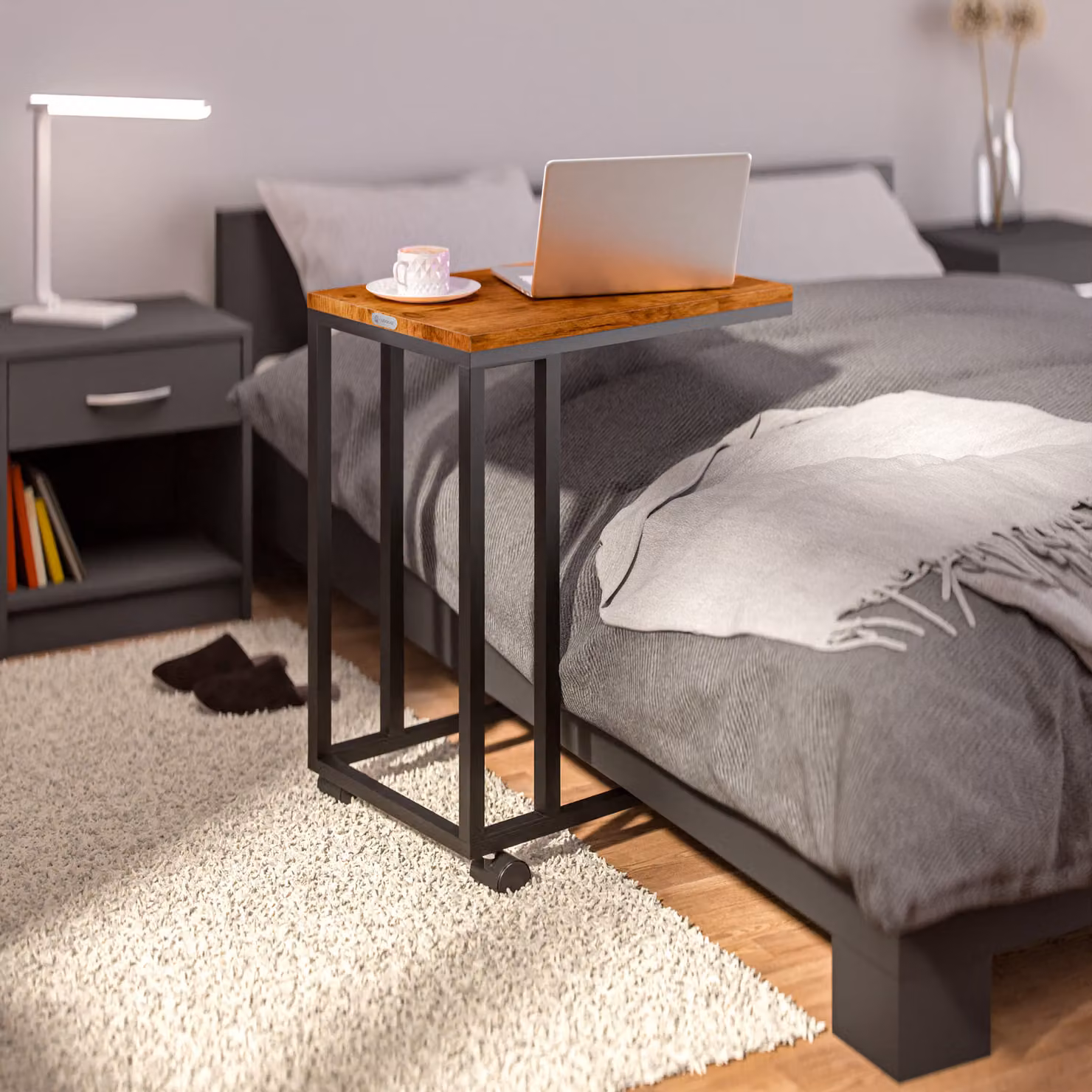 Tavolino da salotto moderno Casaria® nero con ruote e altezza regolabile L: 50 cm, P: 35 cm, H: 65-70 cm – 2