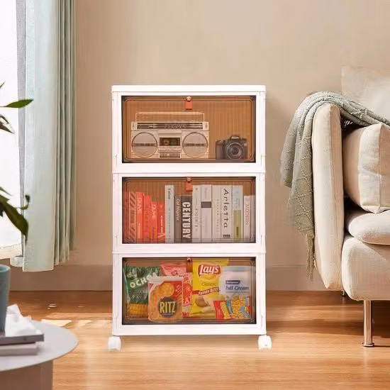 Set di 3 scatole di archiviazione pieghevoli con coperchio e ruote in plastica, bianche e trasparenti, impilabili per bagno, cucina o camera da letto