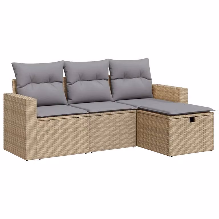 Set Divano da Giardino 4 pz con Cuscini Beige in Polyrattan