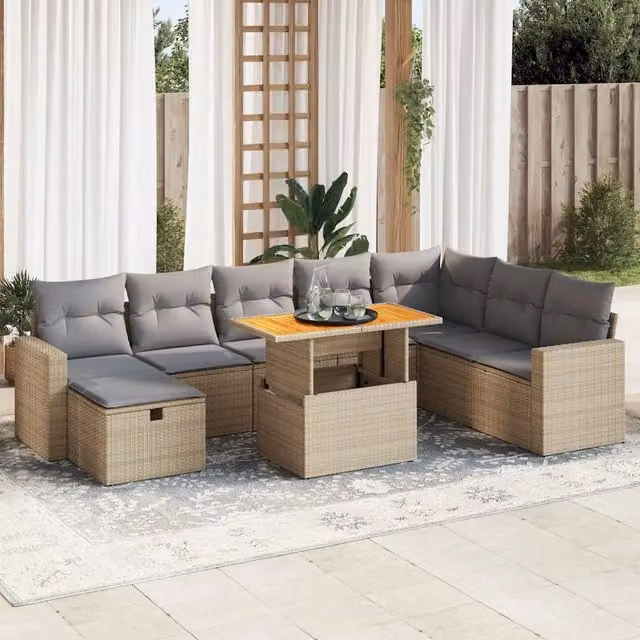 Set Divano da Giardino a L vidaXL con Cuscini Beige e Tavolino, Design Moderno in Polyrattan e Metallo per Terrazza o Balcone