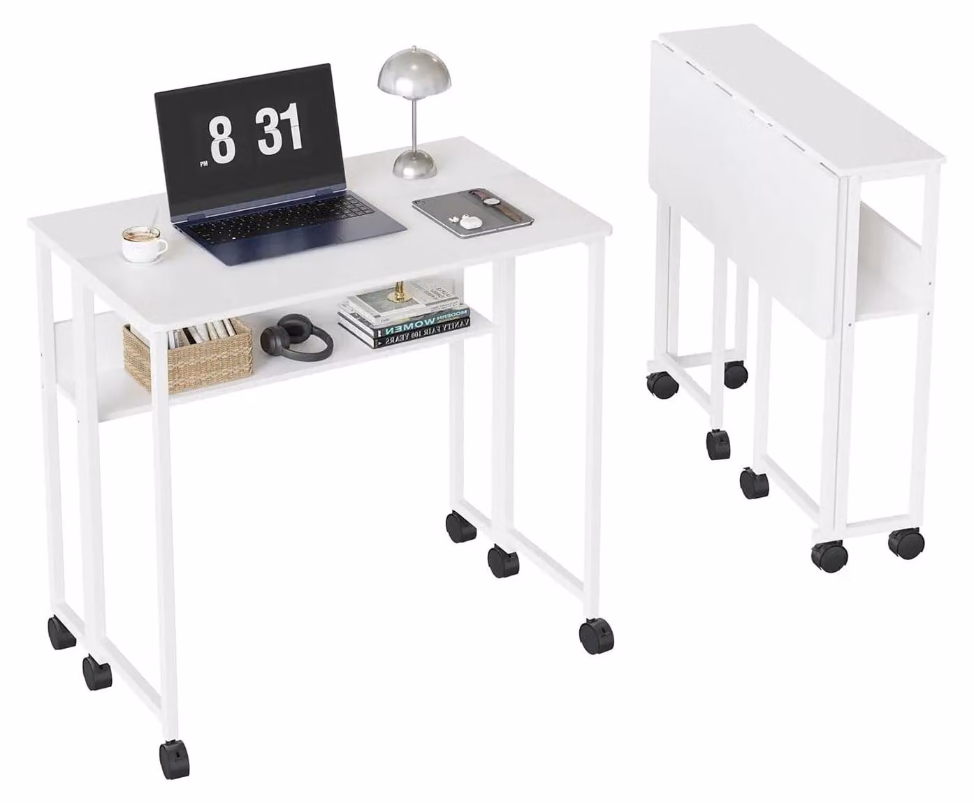 Scrivania pieghevole con rotelle - Tavolo compatto per computer da 63 cm - Con ripiano - Postazione di lavoro mobile - Struttura in metallo - Bianco