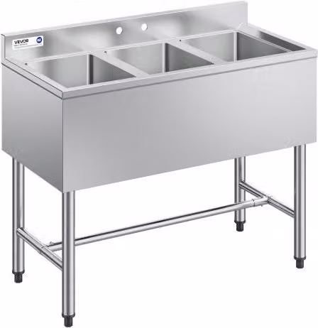 Lavello da cucina commerciale VEVOR in acciaio inox 304 color argento con 3 vasche autoportante per bar, ristorante e hotel, L/P/H: 254 x 356 x 254 mm