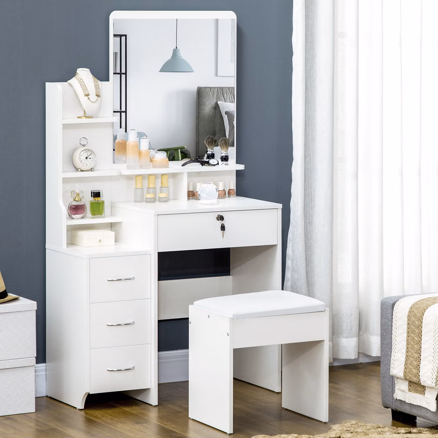 Set da Trucco HOMCOM Bianco con Specchio, Tavolo con Sgabello, 4 Cassetti e 4 Ripiani – 2