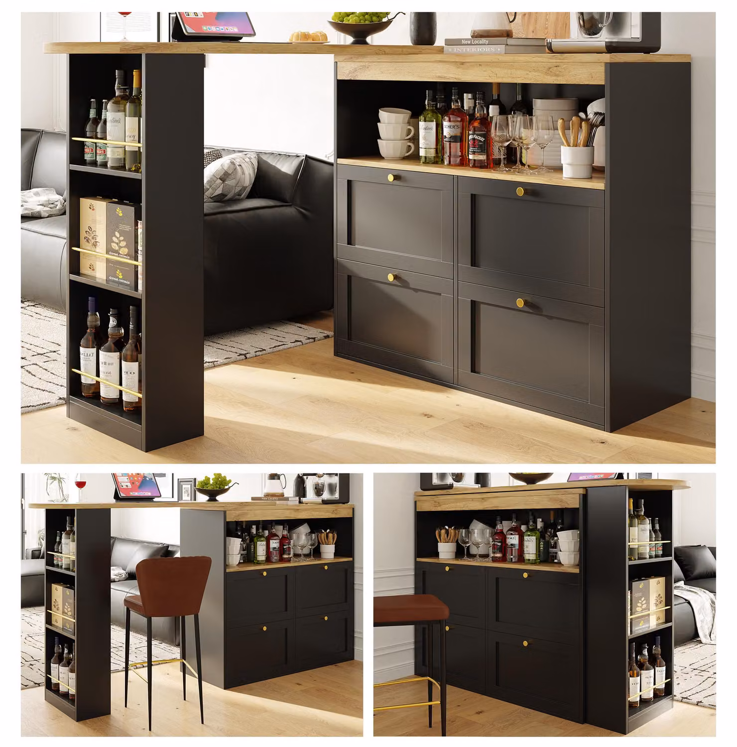 Tavolo bar girevole a 360 gradi, isola da cucina con 4 cassetti, mobile da cucina in MDF nero con ripiani aperti e piano di lavoro con texture effetto legno