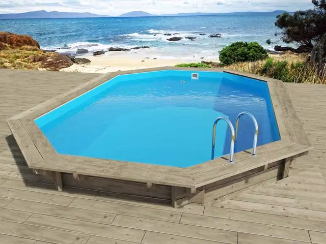 Piscina ovale in legno Florida Habitat et Jardin con scala, colore blu, L: 657 cm, P: 457 cm, H: 131 cm