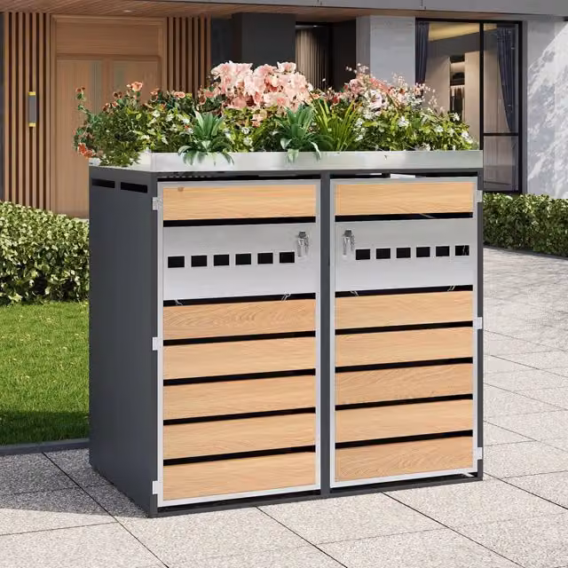 Armadio porta bidoni con fioriera integrata in acciaio e legno, grigio e marrone, L: 132 cm, P: 80 cm, H: 124,5 cm