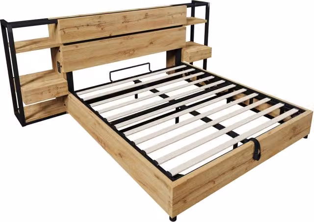 Letto matrimoniale 160x200 cm con spazio di stoccaggio idraulico, testiera con cassetti e stazioni di ricarica USB e Type-C, struttura in legno color quercia (senza materasso)