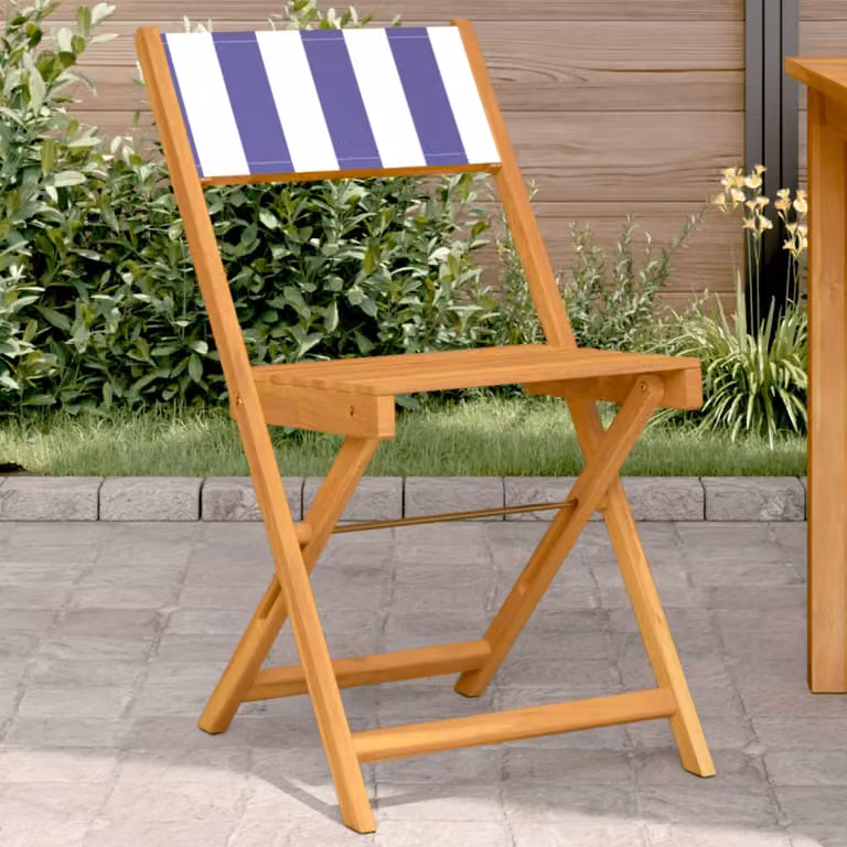 Set di 2 sedie pieghevoli vidaXL in legno di acacia e tessuto a righe blu e bianche per giardino e balcone