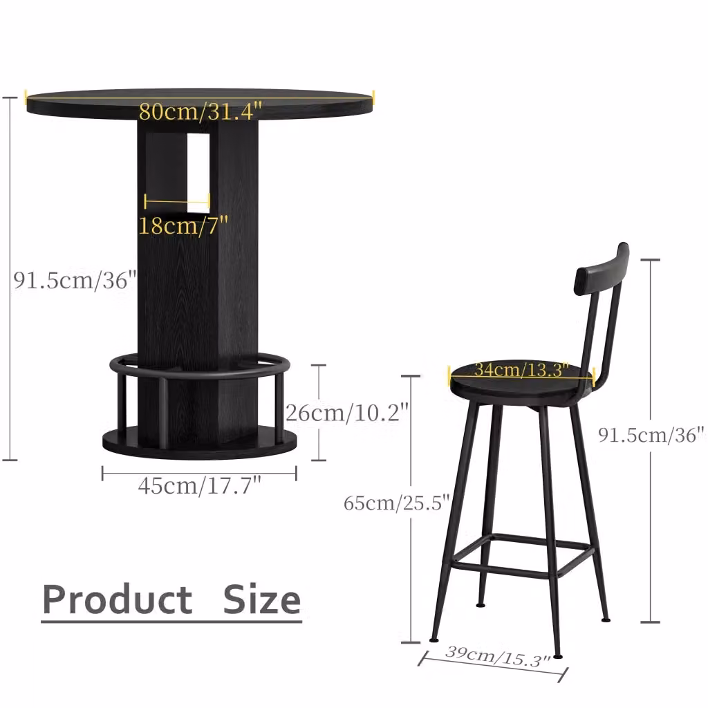 Set da 3 pezzi composto da tavolo da bar rotondo REDOM nero in stile mid-century con diametro 80 cm – 2