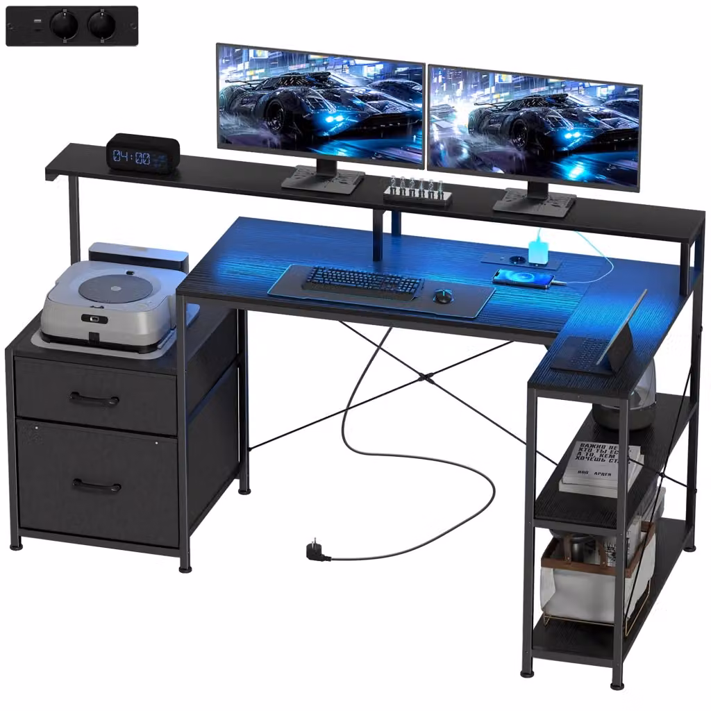 Scrivania Gaming Xylo con Supporto Monitor e Spazio Archiviazione in Legno e Metallo Nero L: 165 cm, P: 80 cm, H: 91.5 cm – 2