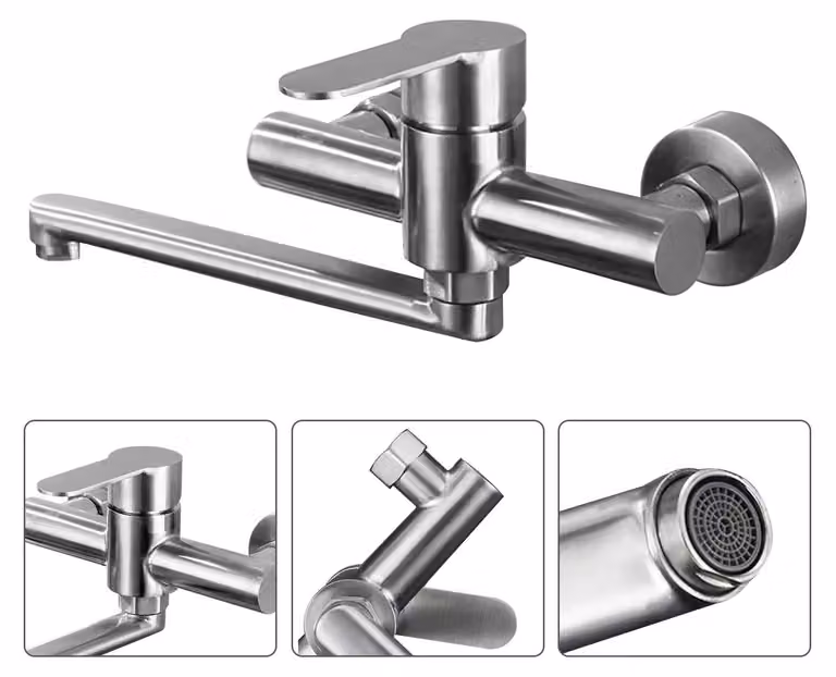 Miscelatore per lavello da parete - Acciaio inossidabile - Rotazione a 360° - Miscelatore monocomando per acqua calda e fredda - Argento