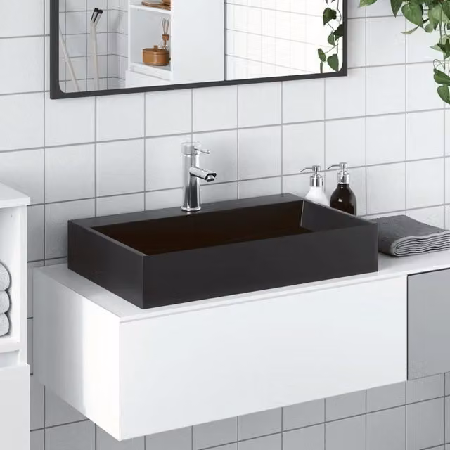 Lavandino-Lavabo-Lavello 60x38x11 cm Blocco in Marmo/Minerale Nero Opaco