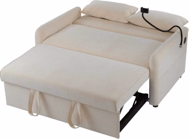Divano Letto Estraibile 2 Posti con Schienale Reclinabile 3 Posizioni; USB; Supporto Telefono e Tasche Laterali in Ciniglia Beige