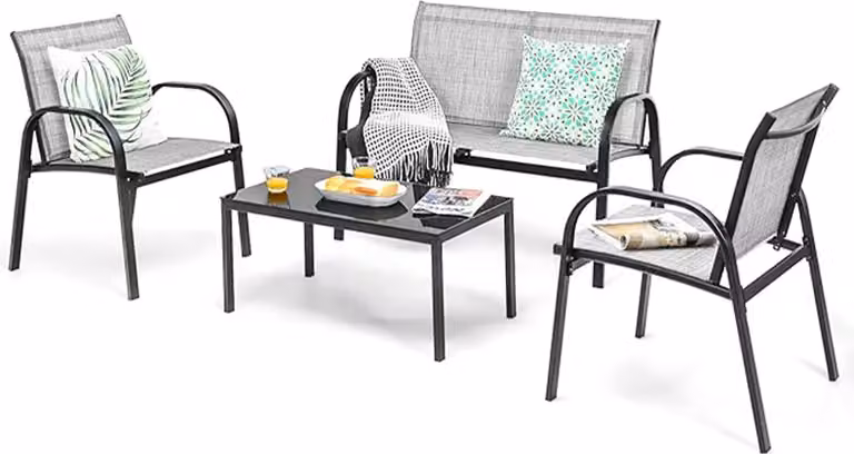 Set di mobili da giardino, set di mobili da giardino con tavolino e panca da giardino e 2 sedie da pranzo, set di mobili da balcone in textilene per 4 persone (grigio)