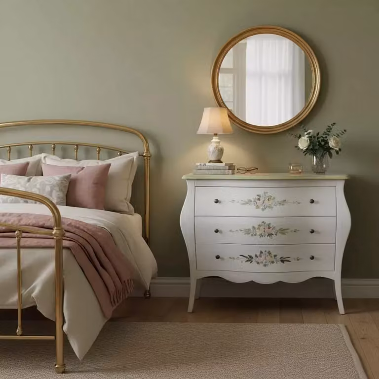 Cassettiera in legno shabby chic con 3 cassetti Mobili 2G bianco anticato e decori floreali verdi L: 118 cm, P: 50 cm, H: 85 cm