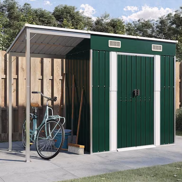 Capanno da giardino vidaXL in acciaio galvanizzato verde con tetto esteso L/P/H: 277 x 107 x 181 cm