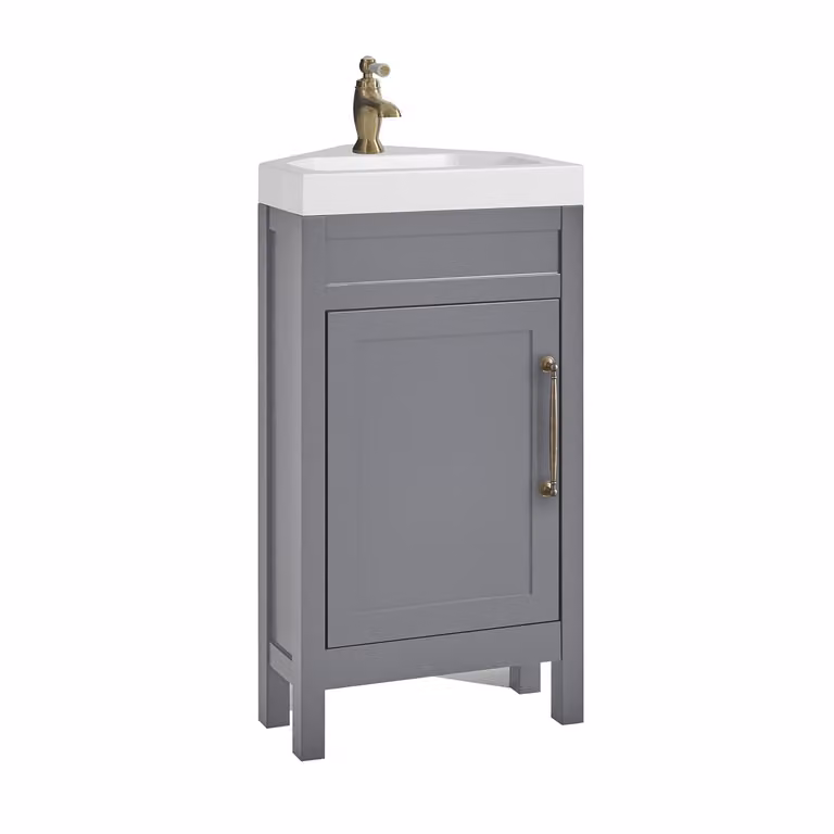 Mobile Bagno Angolare Grigio Chiaro da 450mm con Lavabo e Maniglia Classica con Barra a T in Ottone Spazzolato - Warwick