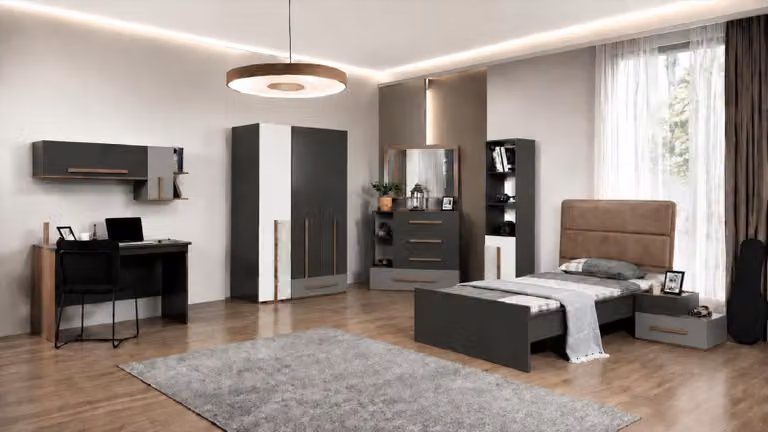Letto singolo, letto per ragazzi, grigio, marrone, legno, testiera imbottita