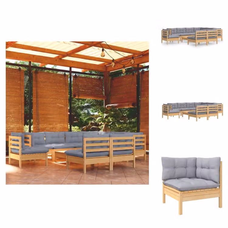 vidaXL Set di 10 pezzi da giardino con cuscini grigi in pino massiccio - Set di mobili da giardino