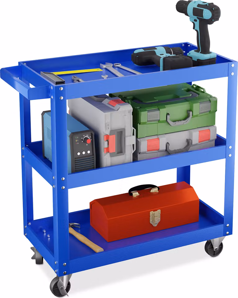 Carrello da officina Relaxdays, carrello portautensili a 3 ripiani, carrello da montaggio mobile, portata fino a 100 kg, dimensioni: 76x78x35 cm, blu