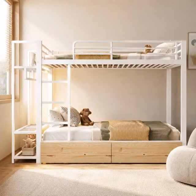 Letto a castello 90 x 200 cm in metallo e MDF con 2 cassetti; ripiani; LED e stendino; bianco