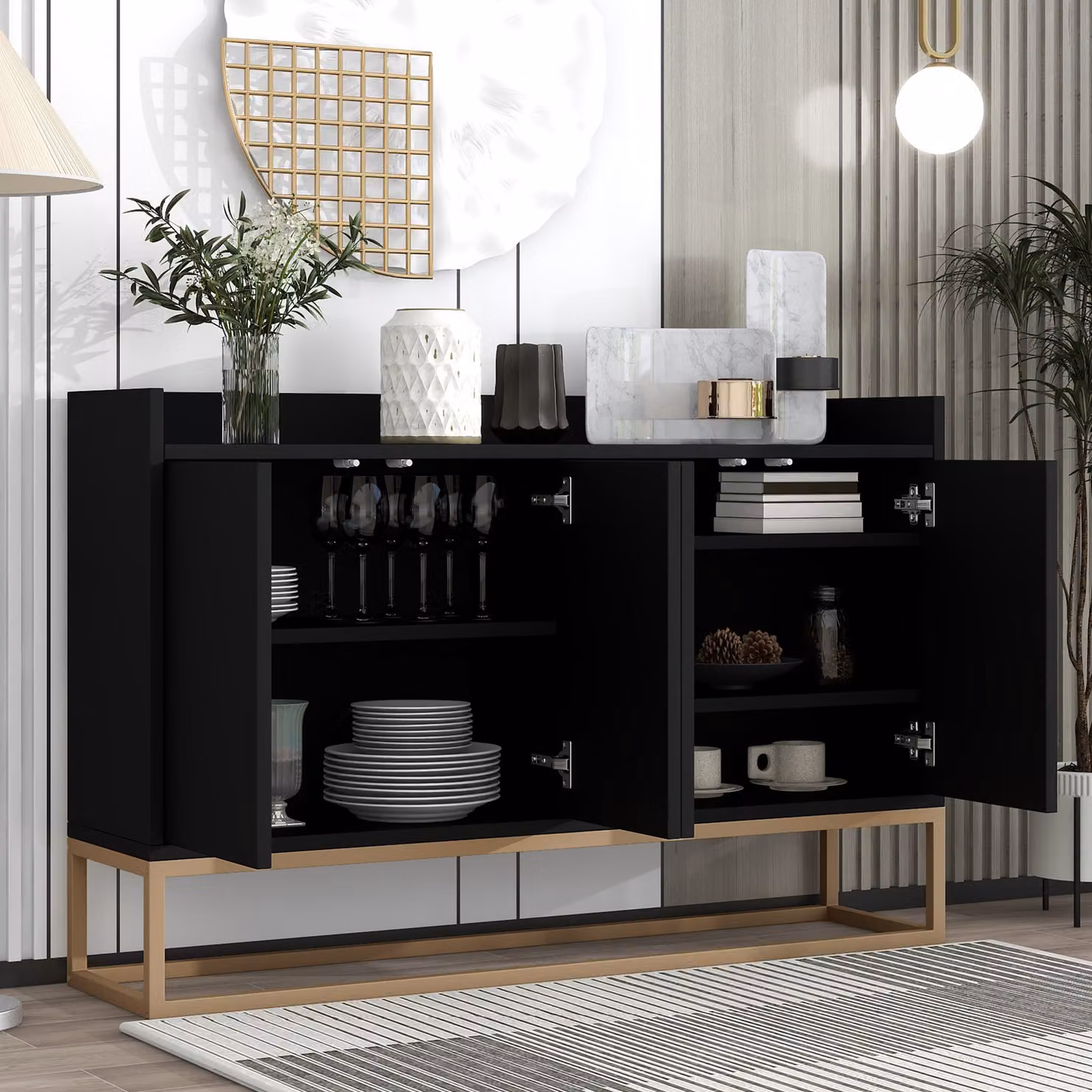 okwish Cassettiera moderna minimalista 120 x 30 x 80 cm, mobile a 4 ante senza maniglie, sala da pranzo, soggiorno, tavolo da buffet cucina (nero)