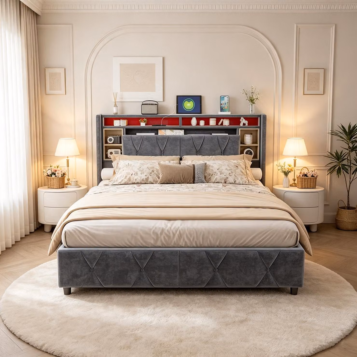 Letto matrimoniale con rete a molle INONEFT, dimensioni 160x200, con funzione di ricarica (USB e Type-C), letto imbottito per ragazzi con LED, letto matrimoniale con sistema di sollevamento idraulico, letto contenitore, rivestito in velluto, colore grigio