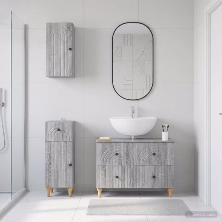 Set di mobili da bagno vidaXL ALKMAAR in 3 pezzi color grigio Sonoma con mobile lavabo e pensili a parete