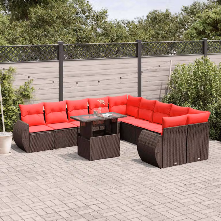 Set Divani da Giardino vidaXL 11 pz in Polyrattan Marrone con Cuscini e Tavolino da Esterno