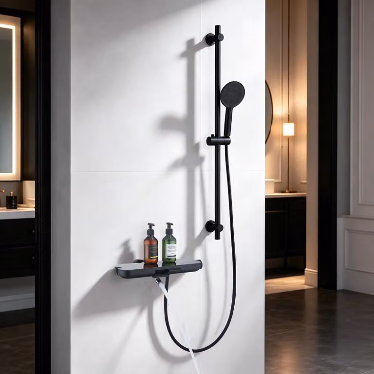 Asta per doccia con soffione manuale, 90 cm, miscelatore per bagno nero