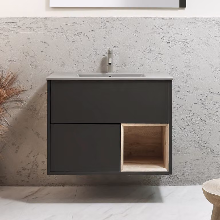 Mobile Bagno Sospeso con Ripiano Aperto in Grigio Nero da 812mm con Lavabo Grigio (Pebble) - Hoxton