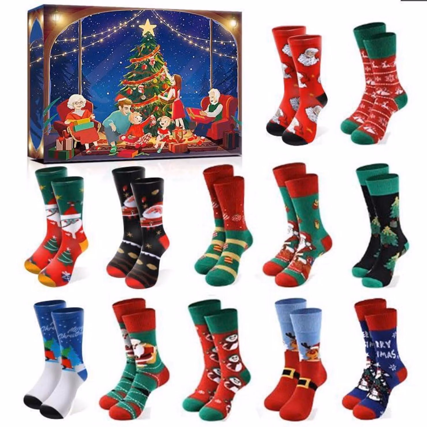 Calendario dell'Avvento, calze natalizie, 12 paia, cotone, motivo: Babbo Natale e renna, colore: blu scuro