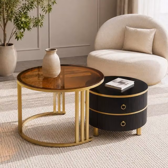 Set di 2 tavolini da caffè rotondi MODFU con piano lucido in vetro temperato e cassetti, colore marrone e nero – 1