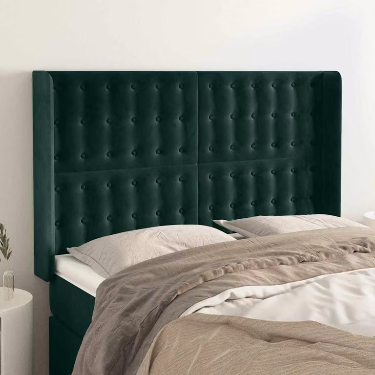Testiera ad orecchio vidaXL in velluto verde con struttura in legno e MDF, L: 147 cm, P: 16 cm, H: 118-128 cm