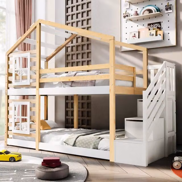 Letto a castello per bambini 90 × 200 cm con scala contenitore e protezioni laterali, senza materasso, naturale e bianco