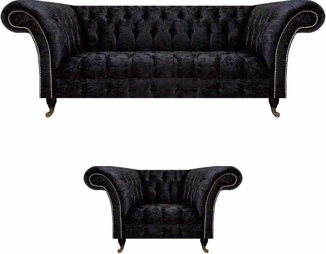 Chesterfield Schwarze Polstermöbel Designer Wohnzimmer Couch Sessel 2tlg