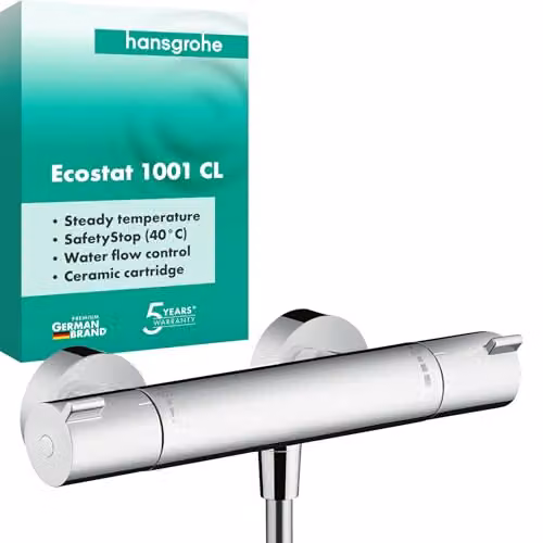hansgrohe Ecostat - Miscelatore termostatico per doccia esterno, Rubinetto termostatico con blocco di sicurezza (SafetyStop) a 40° C, Termostato per doccia, 1 utenza, cromo, 13211000