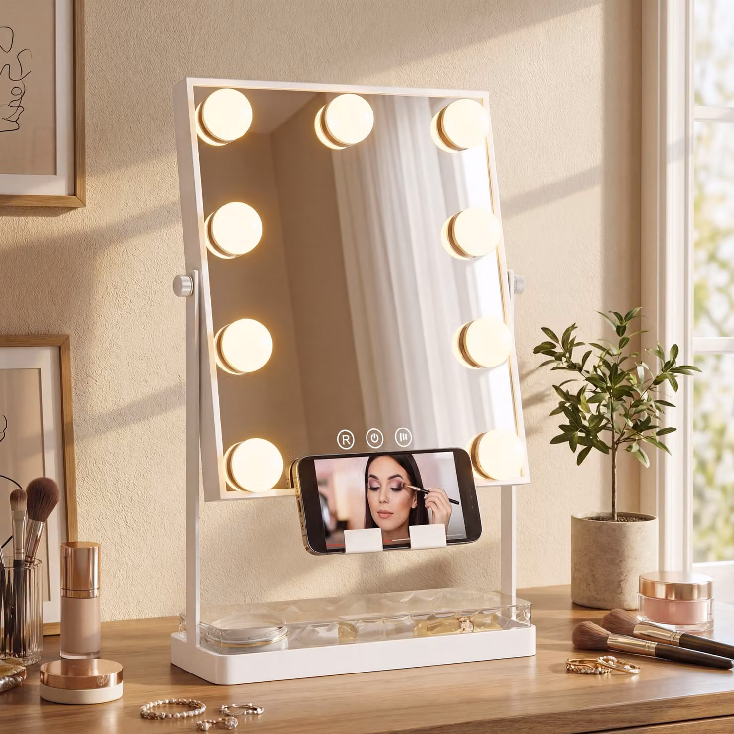 Specchio da Trucco Hollywood HOMCOM con 9 Lampadine LED a 3 Colori, Interruttore Touch e Supporto per Telefono, Bianco – 2